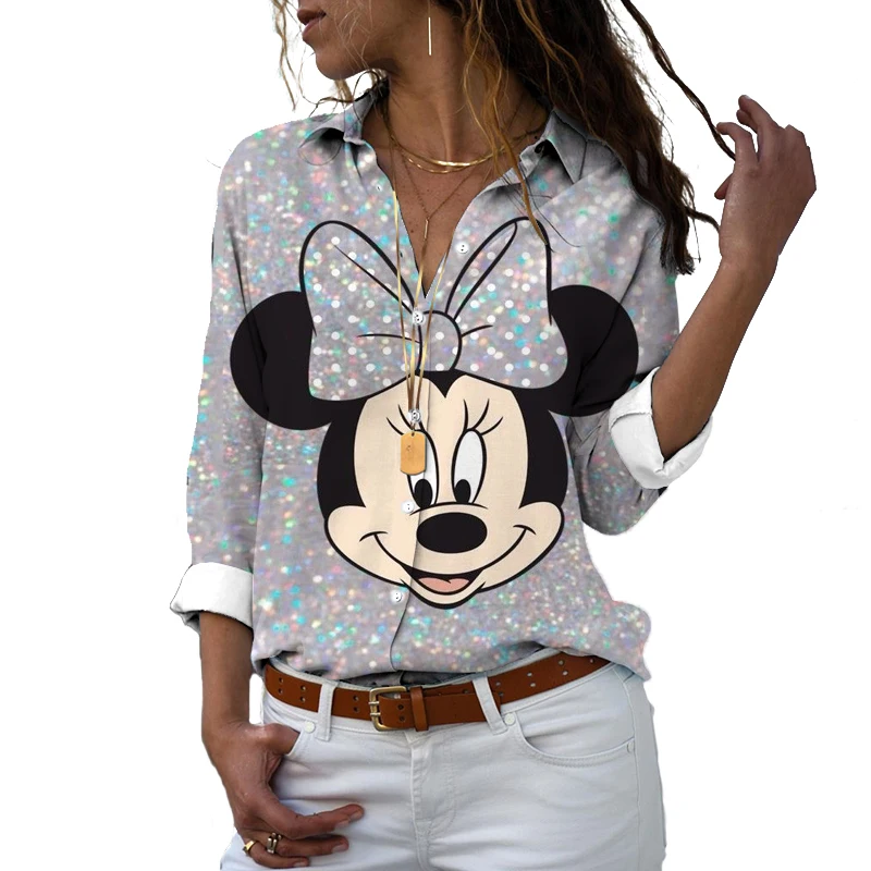 2022 new fall harajuku disney brand long sleeve shirt minnie anime 3d print ladies lapel shirt