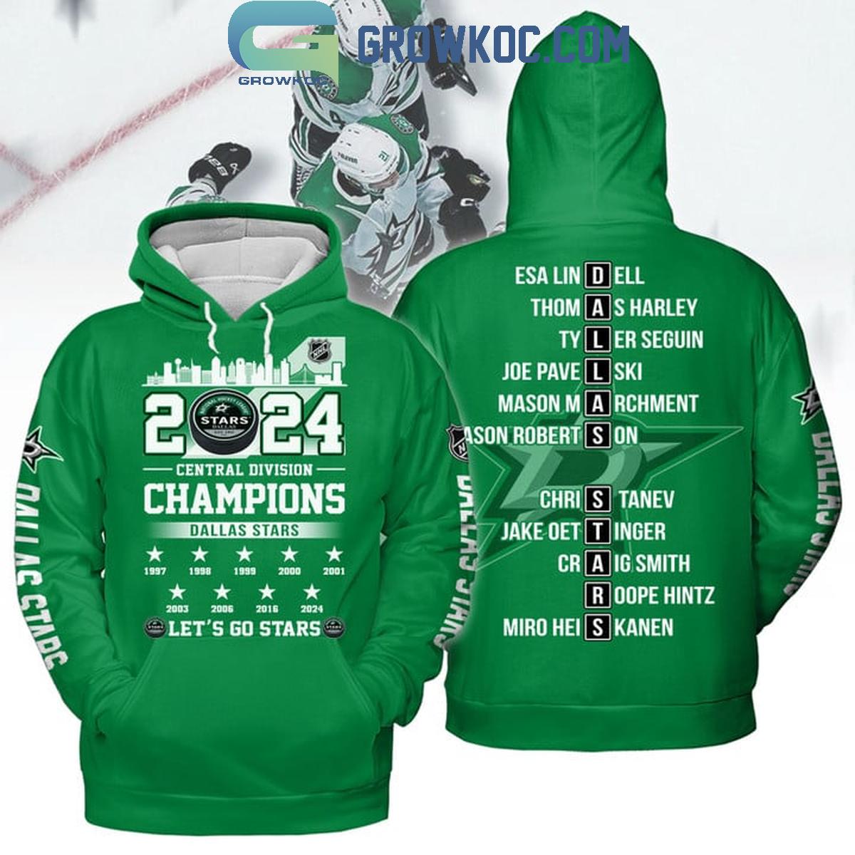 2024 Dallas Stars Central Division Champions Lets Go Stars Green Hoodie Shirts 1 FB0Ev