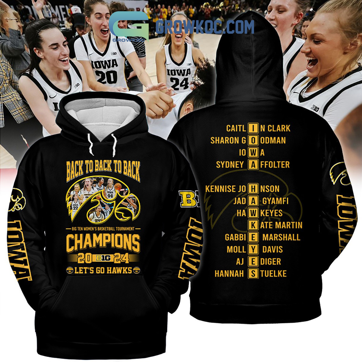 2024 Iowa Hawkeyes Big Ten Champions Lets Go Hawks Black Version Hoodie Shirts2B1 QzxFo