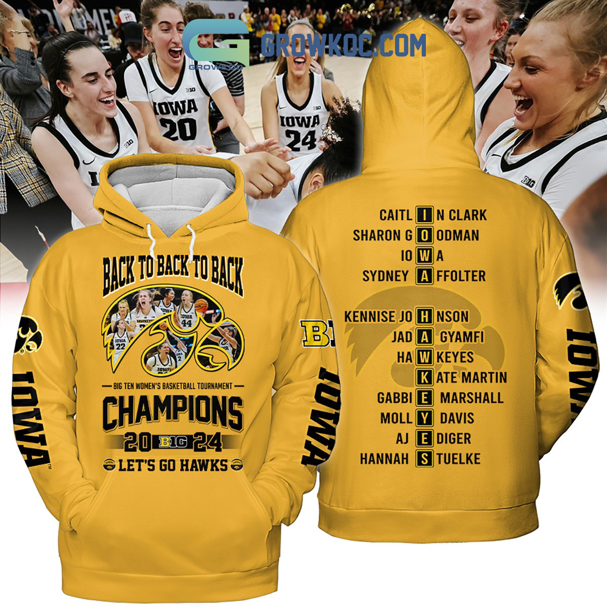 2024 Iowa Hawkeyes Big Ten Champions Lets Go Hawks Hoodie Shirts Yellow Design2B1 F1OMM