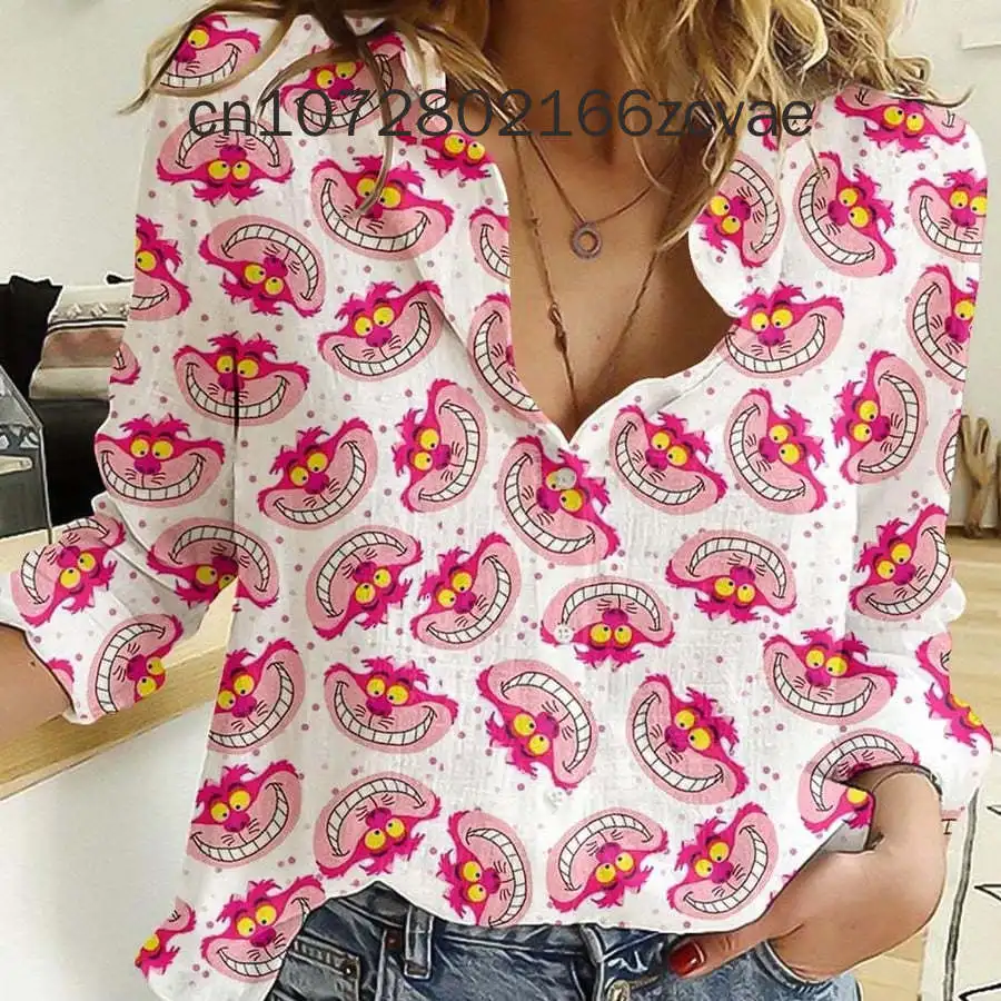 2024 New Cheshire Cat Women s Shirt Summer Long sleeved Button Casual Shirt Disney Fashion Beach