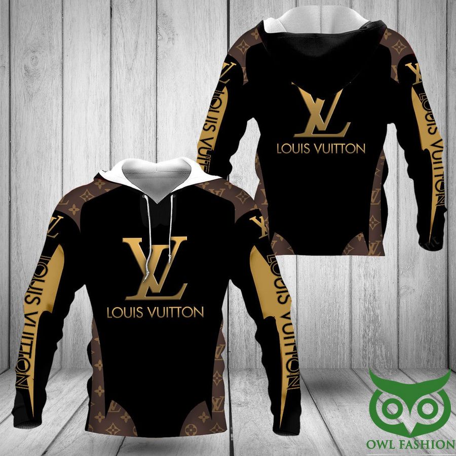 3EARhbTK 207 Luxury Louis Vuitton Black with Yellow and Light Brown Interleaved with Logo 3D Hoodie