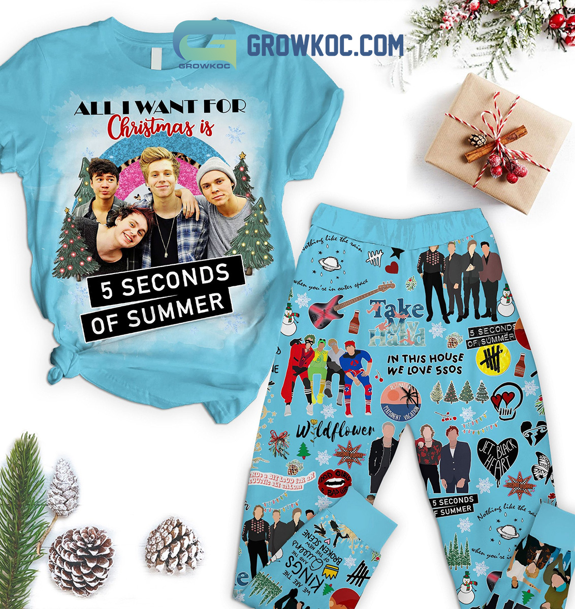 5 Seconds Of Summer All I Want For Christmas Is 5SOS In This House We Love 5SOS Take My Hand Wildflower Christmas Fleece Pajama Set2B1 1z9R7