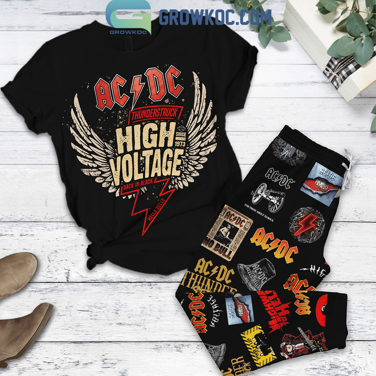 ACDC Thunderstruck High Voltage Back In Black Fleece Pajamas Set2B1 tknhe