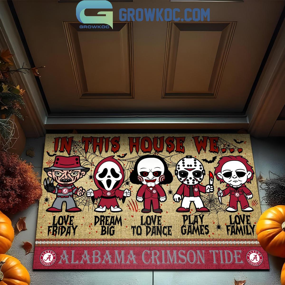 Alabama Crimson Tide In This House We Love Halloween Horror Movies Doormat 1 bli0c