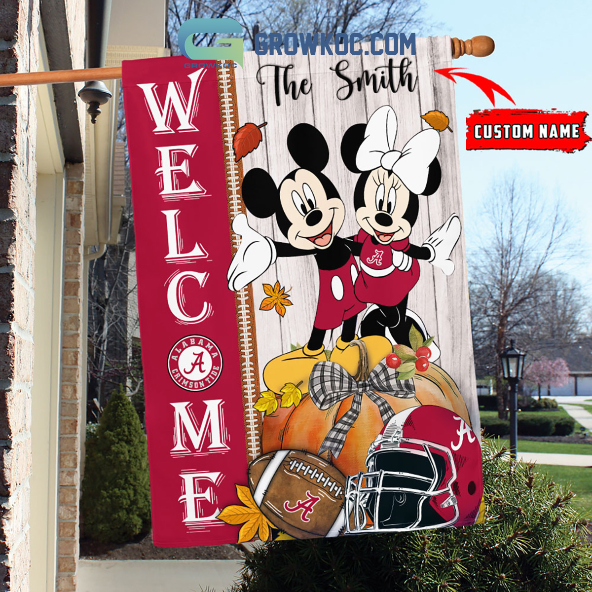 Alabama Crimson Tide NCAA Disney Mickey Minnie Welcome Fall Pumpkin Personalized House Garden Flag2B1 khkJP