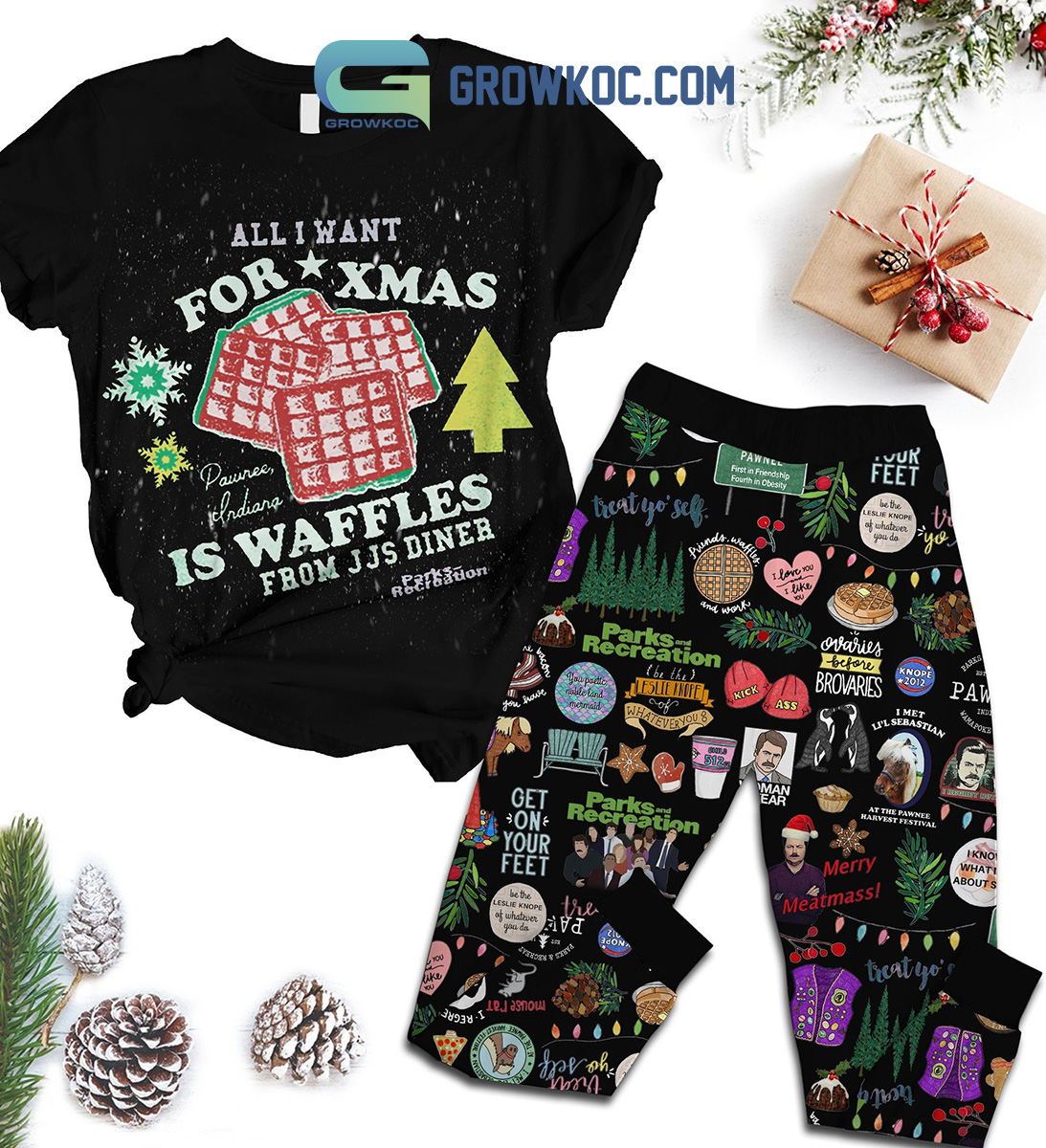 All I Want For Christmas Is Waffles From JJS Diner Pajamas Set2B1 PV6nU