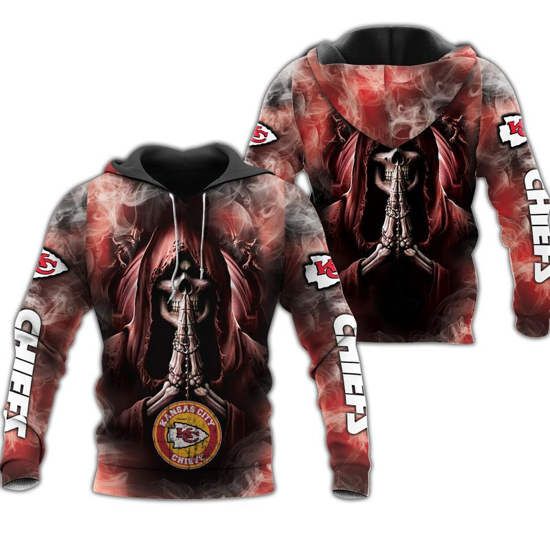 All Over Print Kansas City Chiefs Skull Hoodie Background Smoke Gift For Fans 0