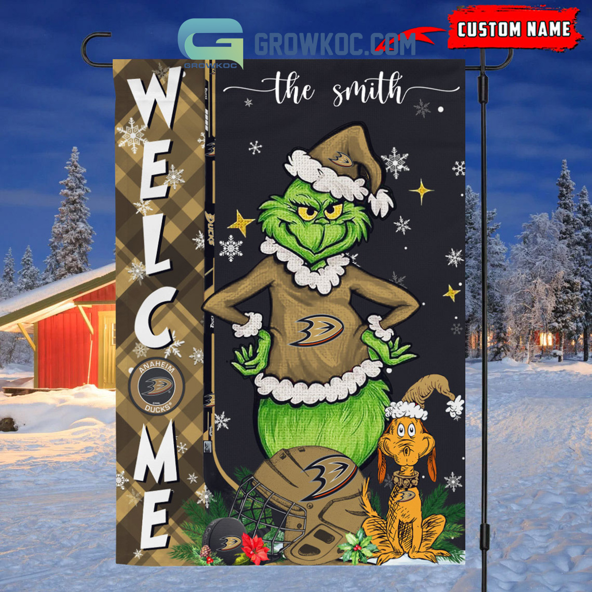 Anaheim Ducks Grinch Christmas Personalized House Garden Flag Canvas2B1 MhPUL