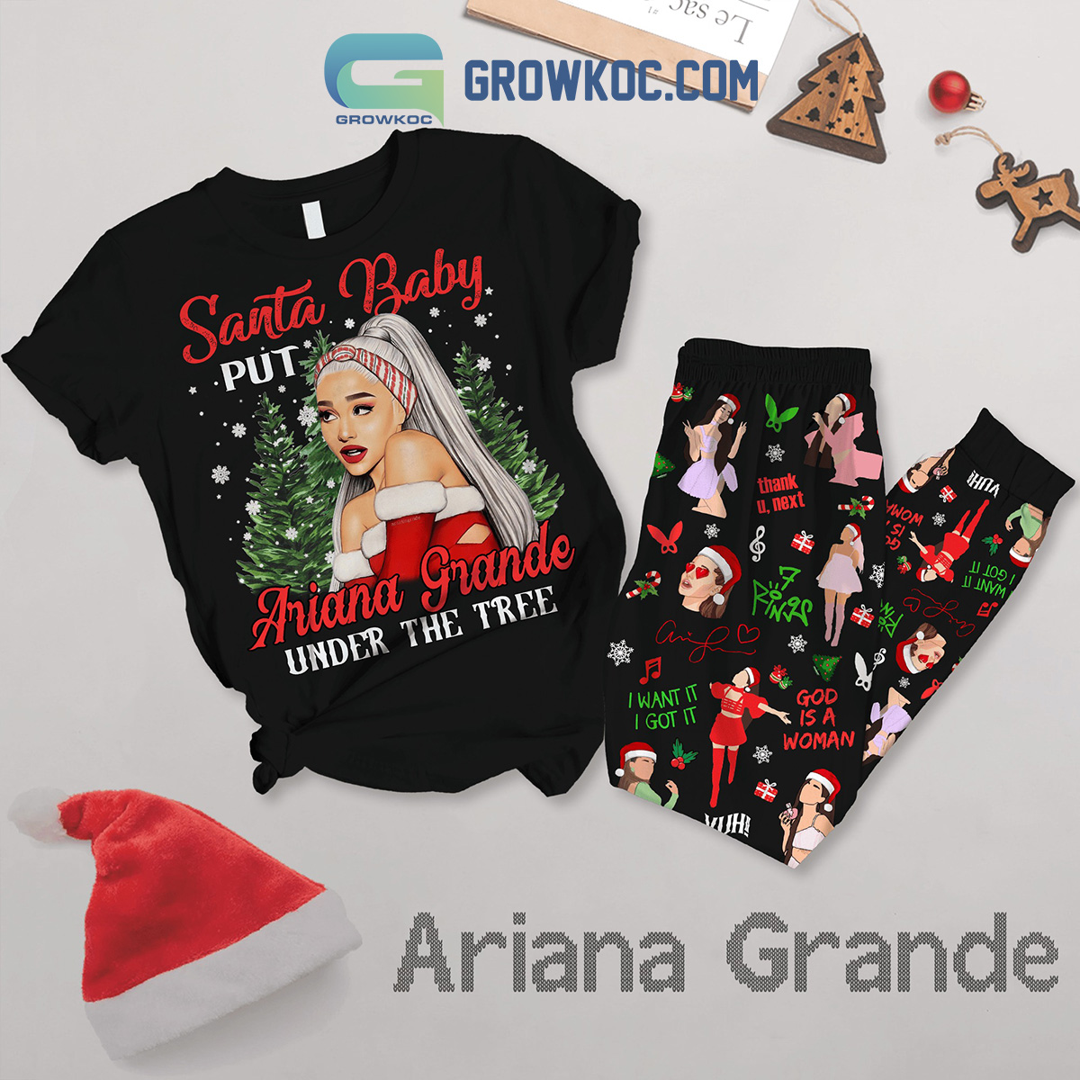 Ariana Grande Under The Tree Santa Baby Christmas Fleece Pajamas Set2B1 ZUNCf