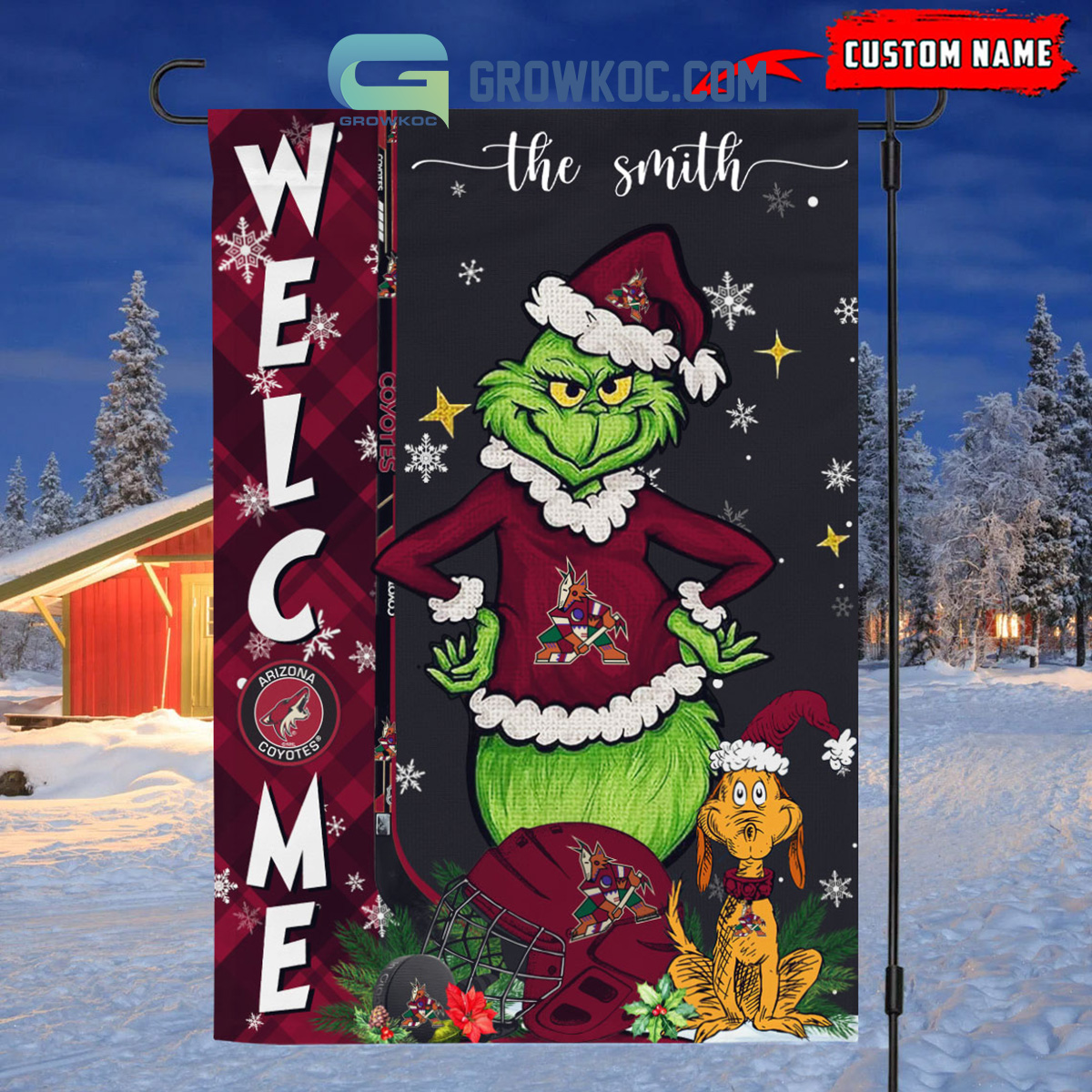 Arizona Coyotes Grinch Christmas Personalized House Garden Flag Canvas2B1 CsIcM