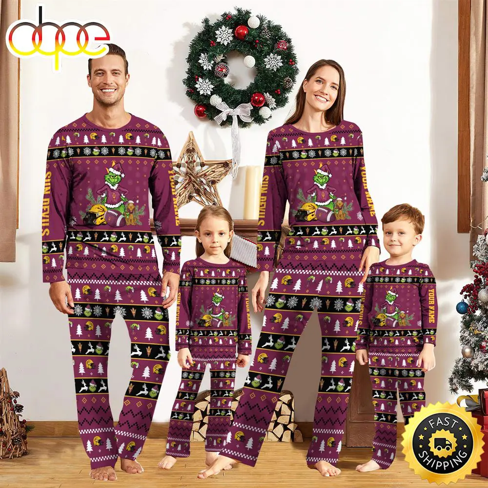 Arizona State Sun Devils NCAA Custom Name Grinch Christmas And Sport Team Pajama Set frys7t