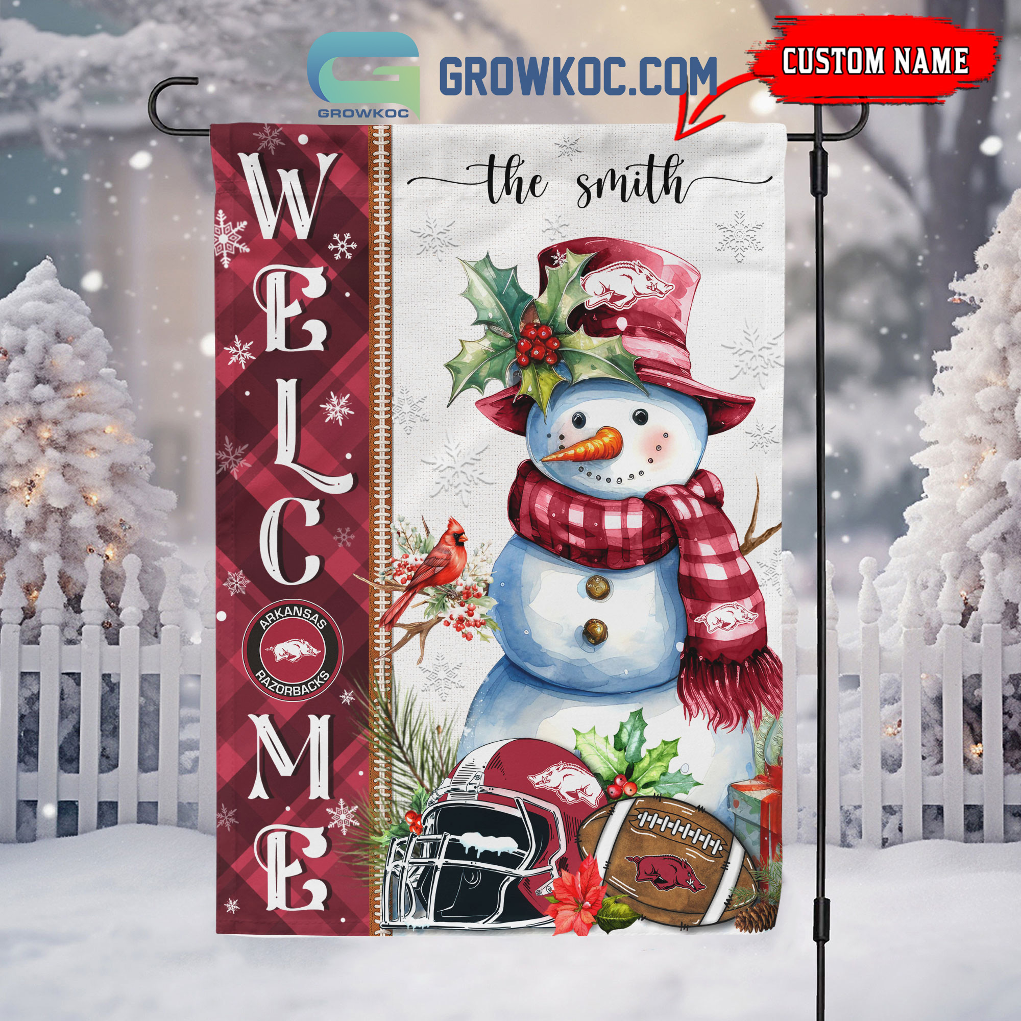 Arkansas Razorbacks Football Snowman Welcome Christmas House Garden Flag2B1 AY6VB