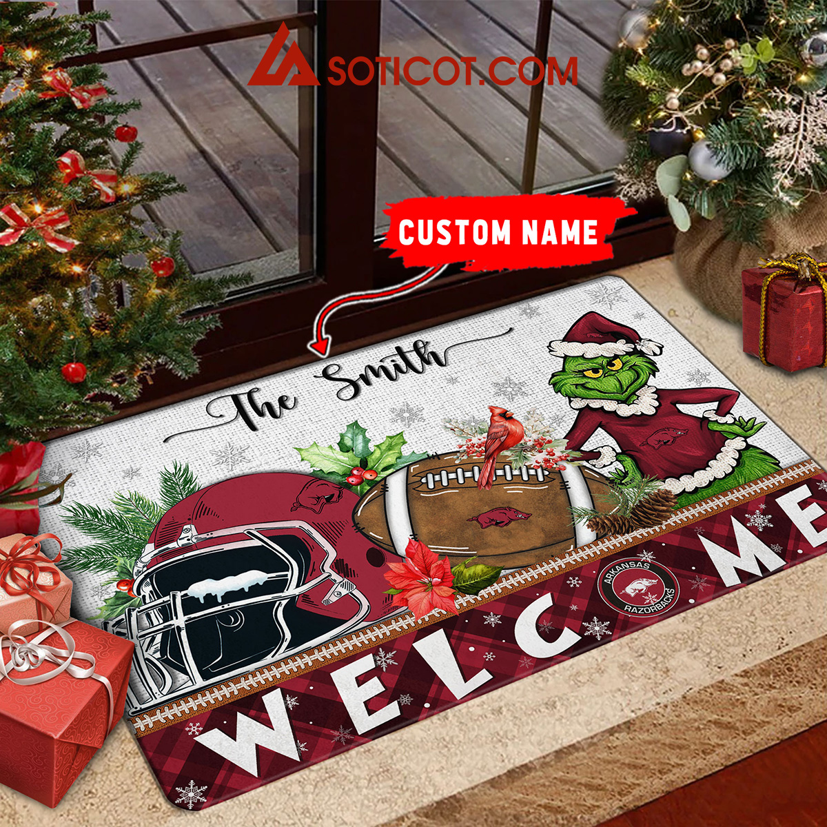 Arkansas Razorbacks Grinch Welcome Christmas Football Personalized Doormat2B1 Mv1Bs