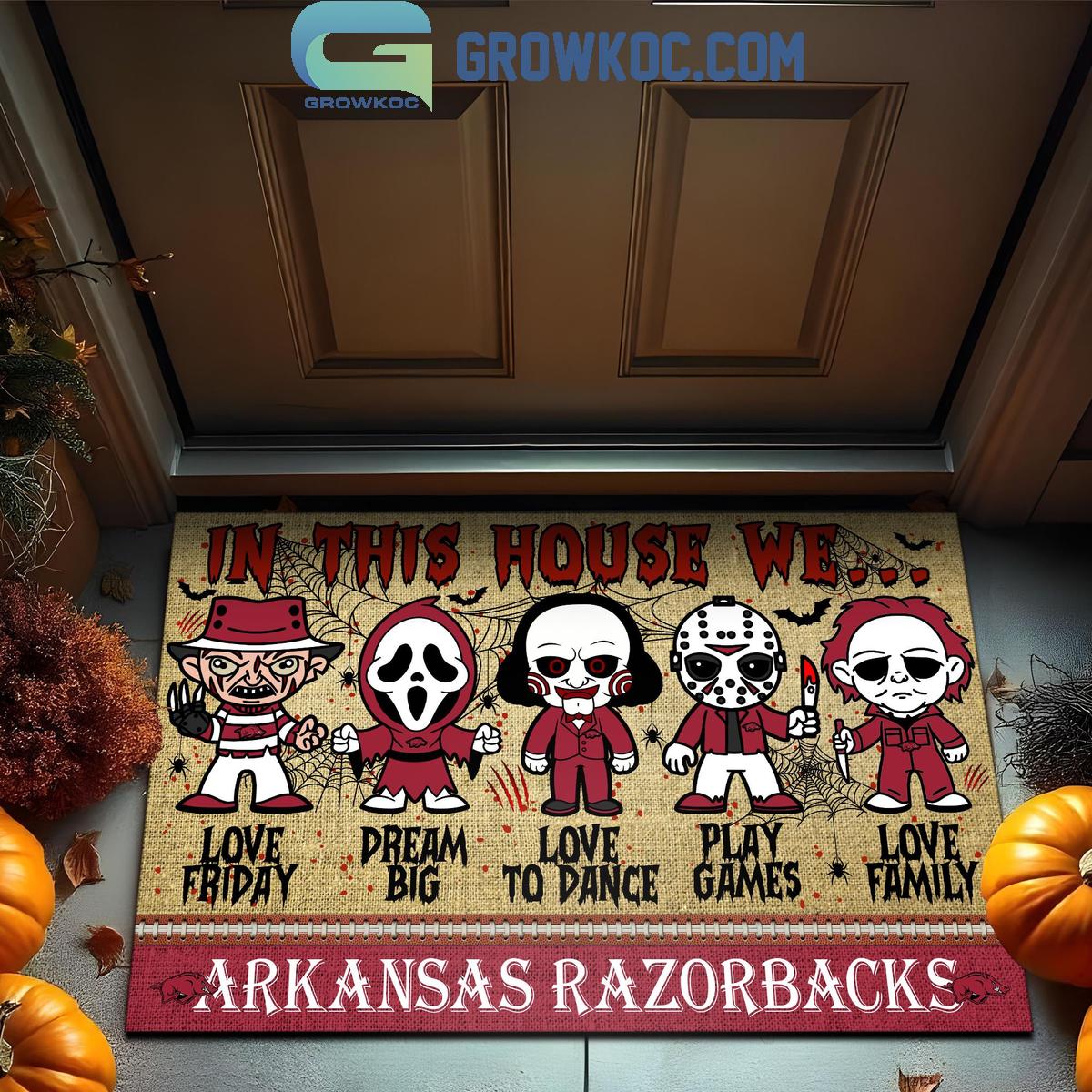 Arkansas Razorbacks In This House We Love Halloween Horror Movies Doormat 1 eCQ1r