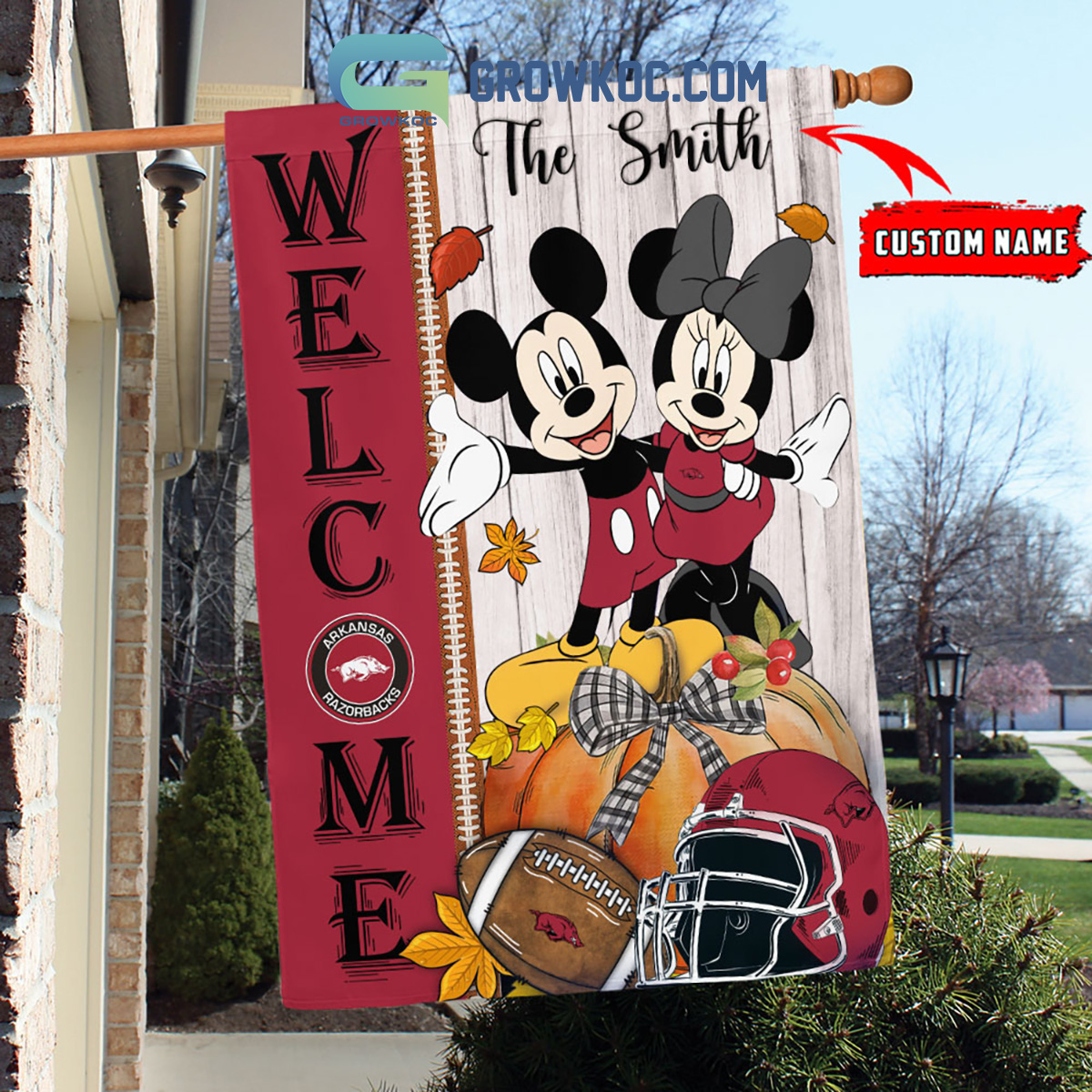 Arkansas Razorbacks NCAA Disney Mickey Minnie Welcome Fall Pumpkin Personalized House Garden Flag2B1 aj7Jy