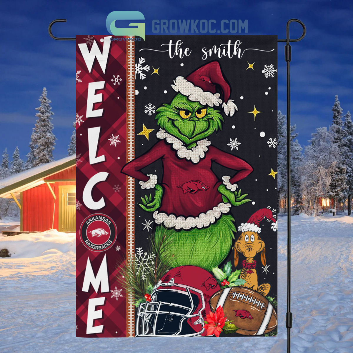 Arkansas Razorbacks NCAA Grinch Football Welcome Christmas House Garden Flag2B1 ySz75