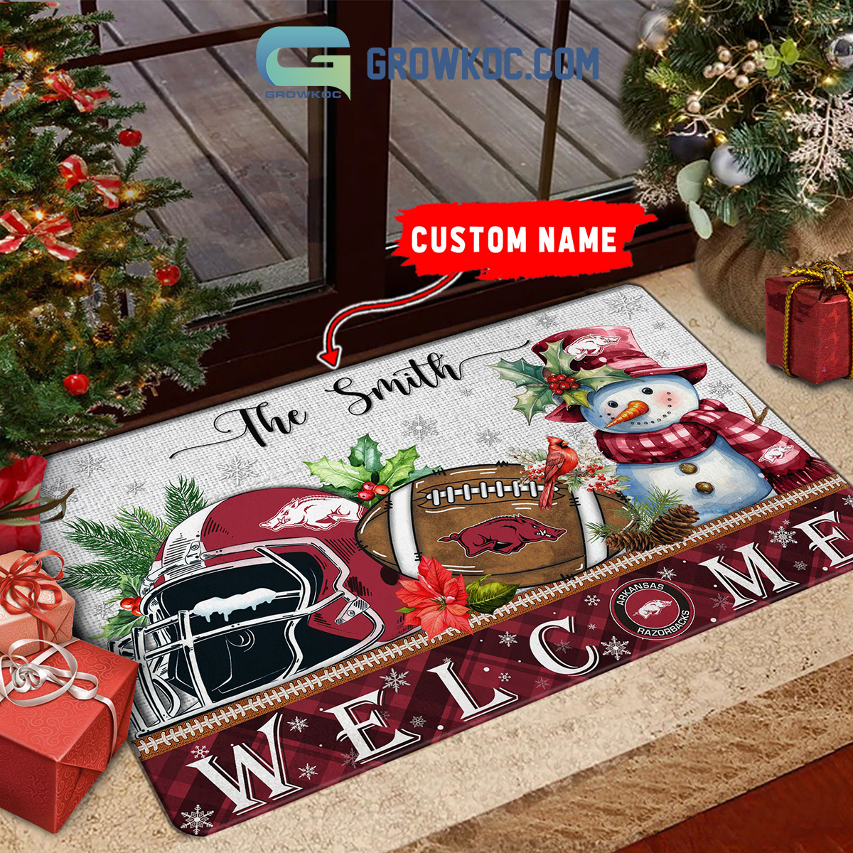 Arkansas Razorbacks Snowman Welcome Christmas Football Personalized Doormat2B1 E3VVX