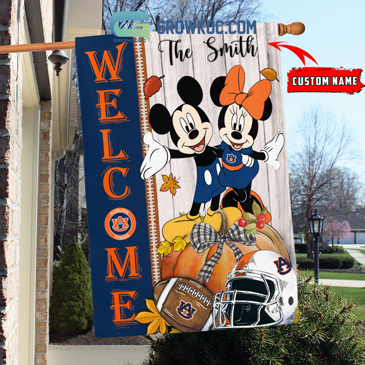 Auburn Tigers NCAA Disney Mickey Minnie Welcome Fall Pumpkin Personalized House Garden Flag2B1 8uUbu