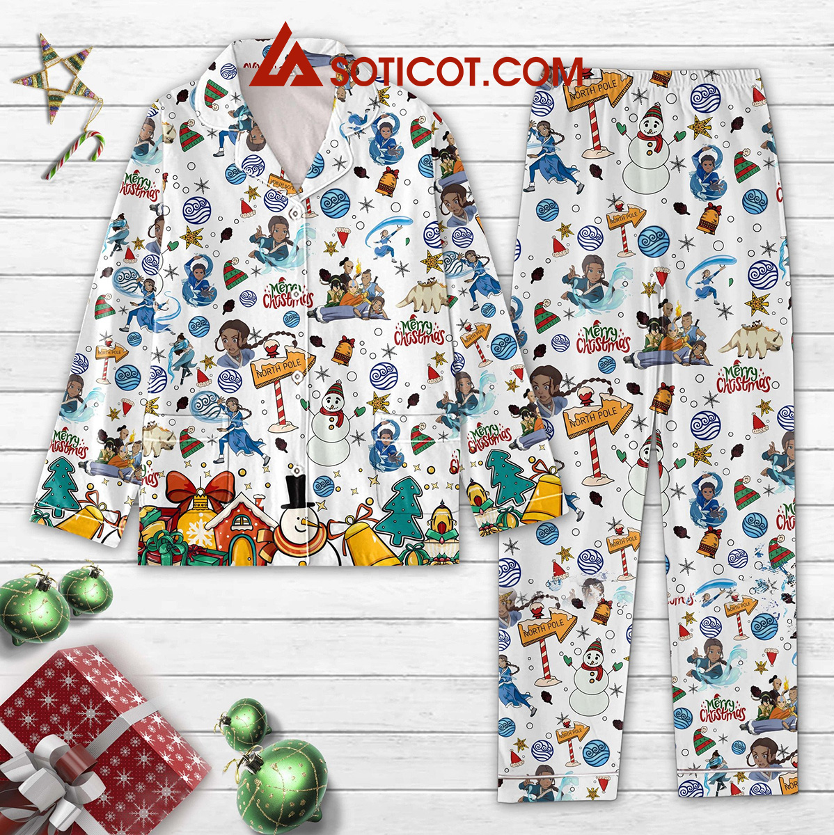 Avatar Last Airbender Katara North Pole Snowman Merry Christmas Ho Ho Ho Happy Holidays Silk Pajamas Set2B1 NnZ5u