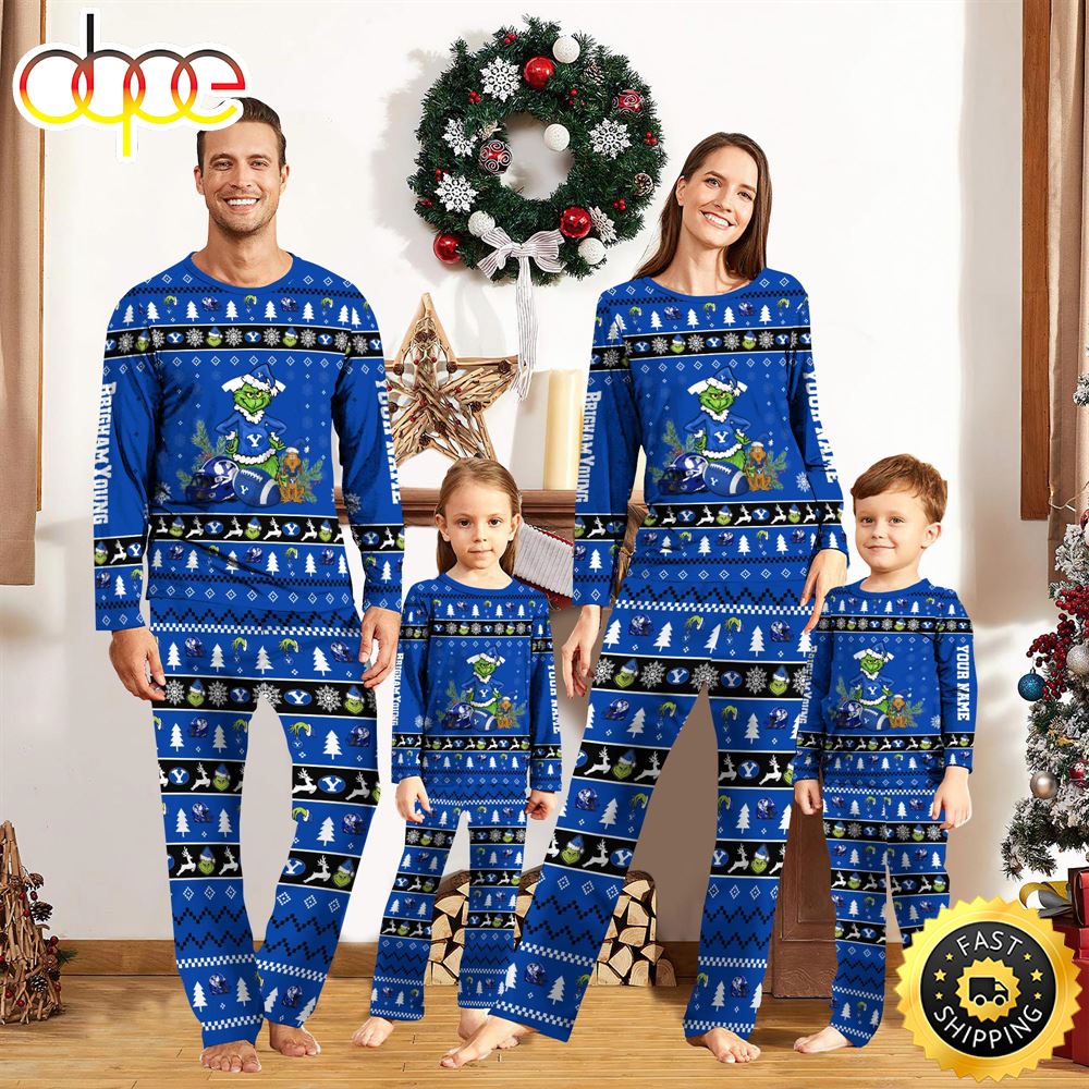 BYU Cougars NCAA Custom Name Grinch Christmas And Sport Team Pajama Set zzyb4j
