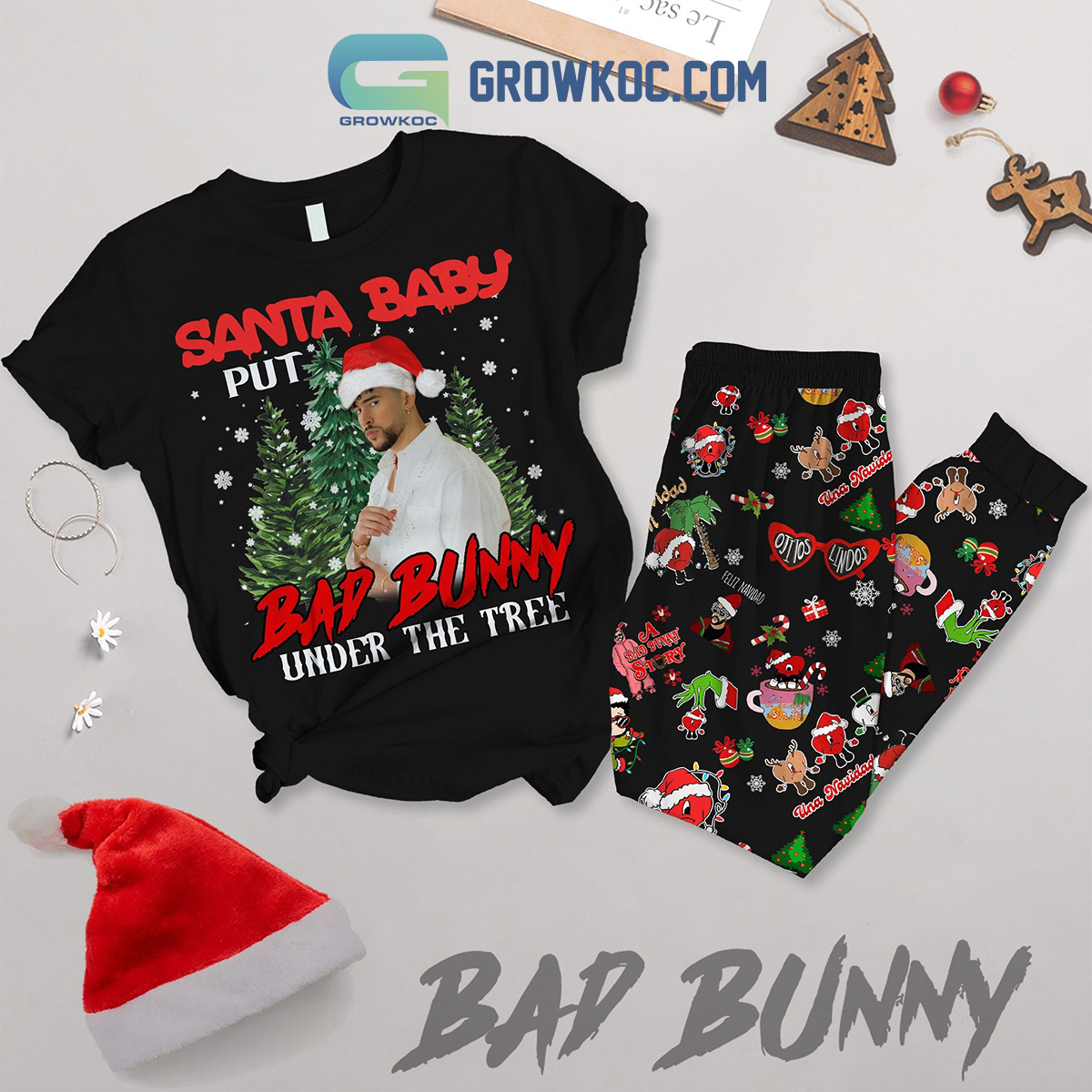 Bad Bunny Under The Tree Santa Baby Christmas Fleece Pajamas Set2B1 CTKNr