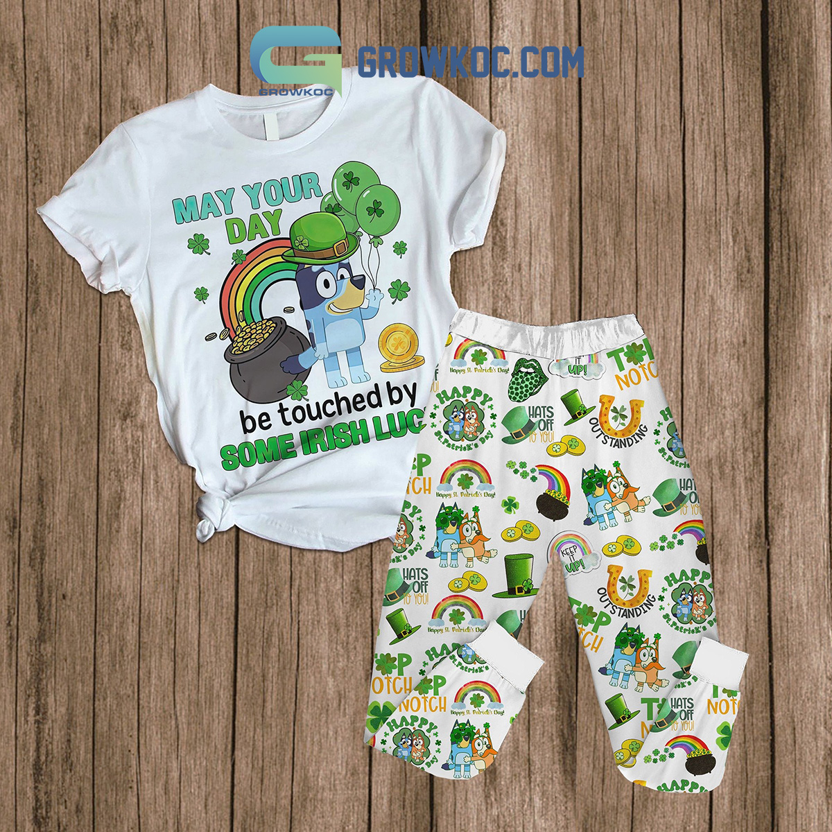 Bluey May Your Day Be Touched By Some Irish Luck Fleece Pajamas Set White Design2B1 GJ4Ay