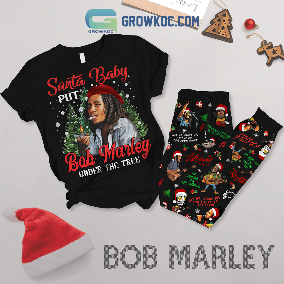 Bob Marley Under The Tree Santa Baby Christmas Fleece Pajamas Set2B1 ePH0P