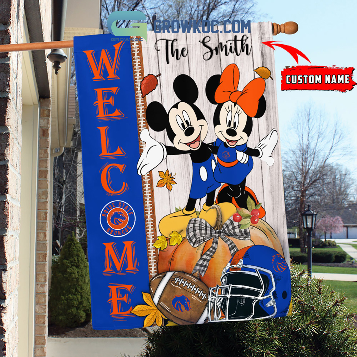 Boise State Broncos NCAA Disney Mickey Minnie Welcome Fall Pumpkin Personalized House Garden Flag2B1 LkC1v