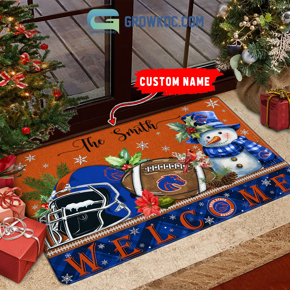 Boise State Broncos Snowman Welcome Christmas Football Personalized Doormat2B1 SlDr6