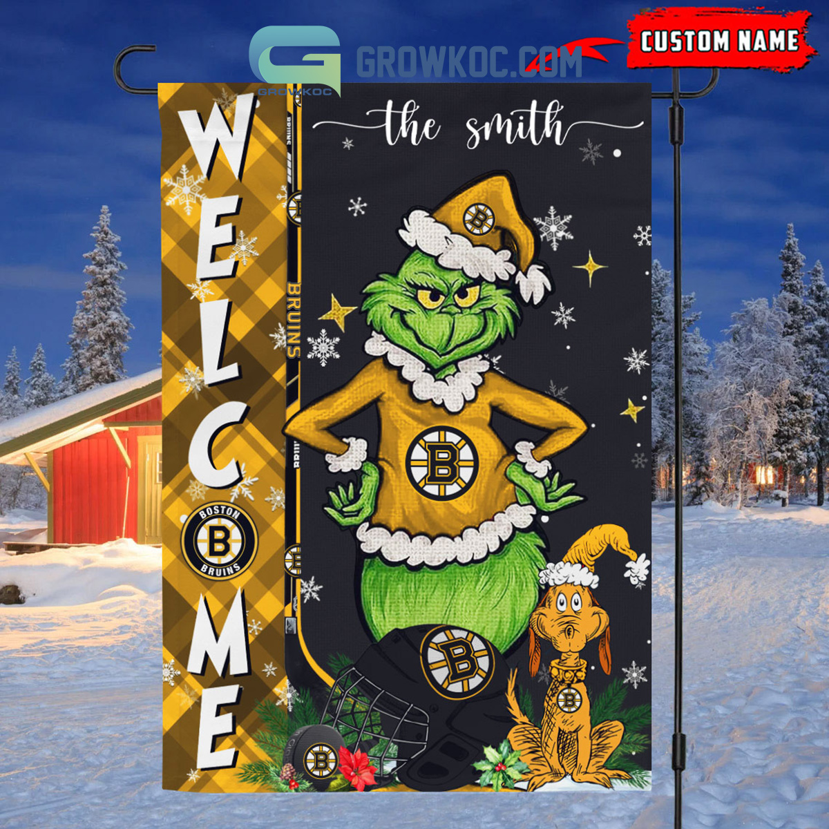 Boston Bruins Grinch Christmas Personalized House Garden Flag Canvas2B1 zQmgn