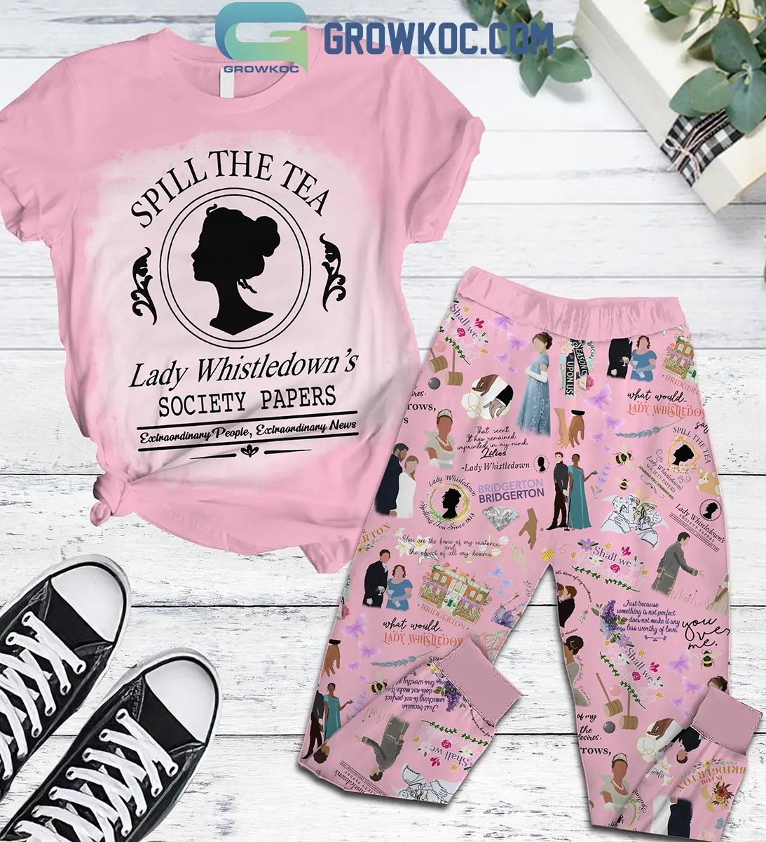 Bridgerton Spill The Tea Lady Whistledowns Society Papers Fleece Pajamas Set Pink2B1 CXeTJ