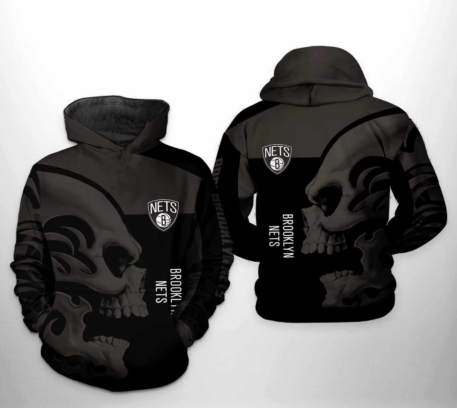 Brooklyn Nets NBA Skull Team All Over Print Hoodie 0