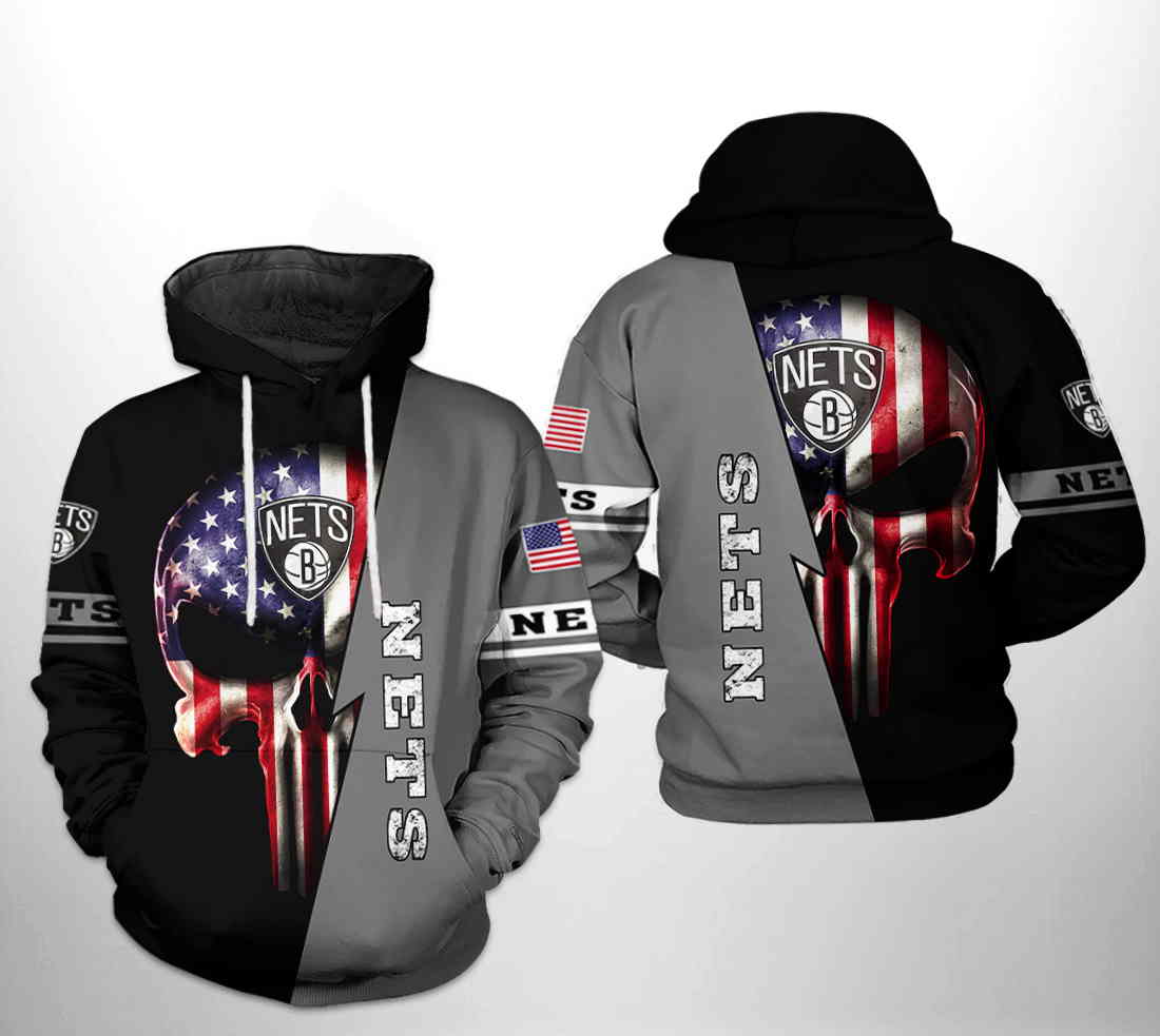 Brooklyn Nets NBA US Flag Skull All Over Print Hoodie 0