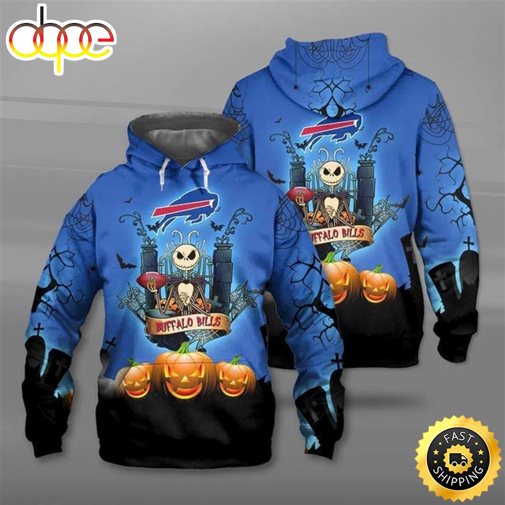 Buffalo Bills Halloween Jack Skellington With Pumpkin Super Bowl 3D Pullover Hoodie 5665 zqhybx