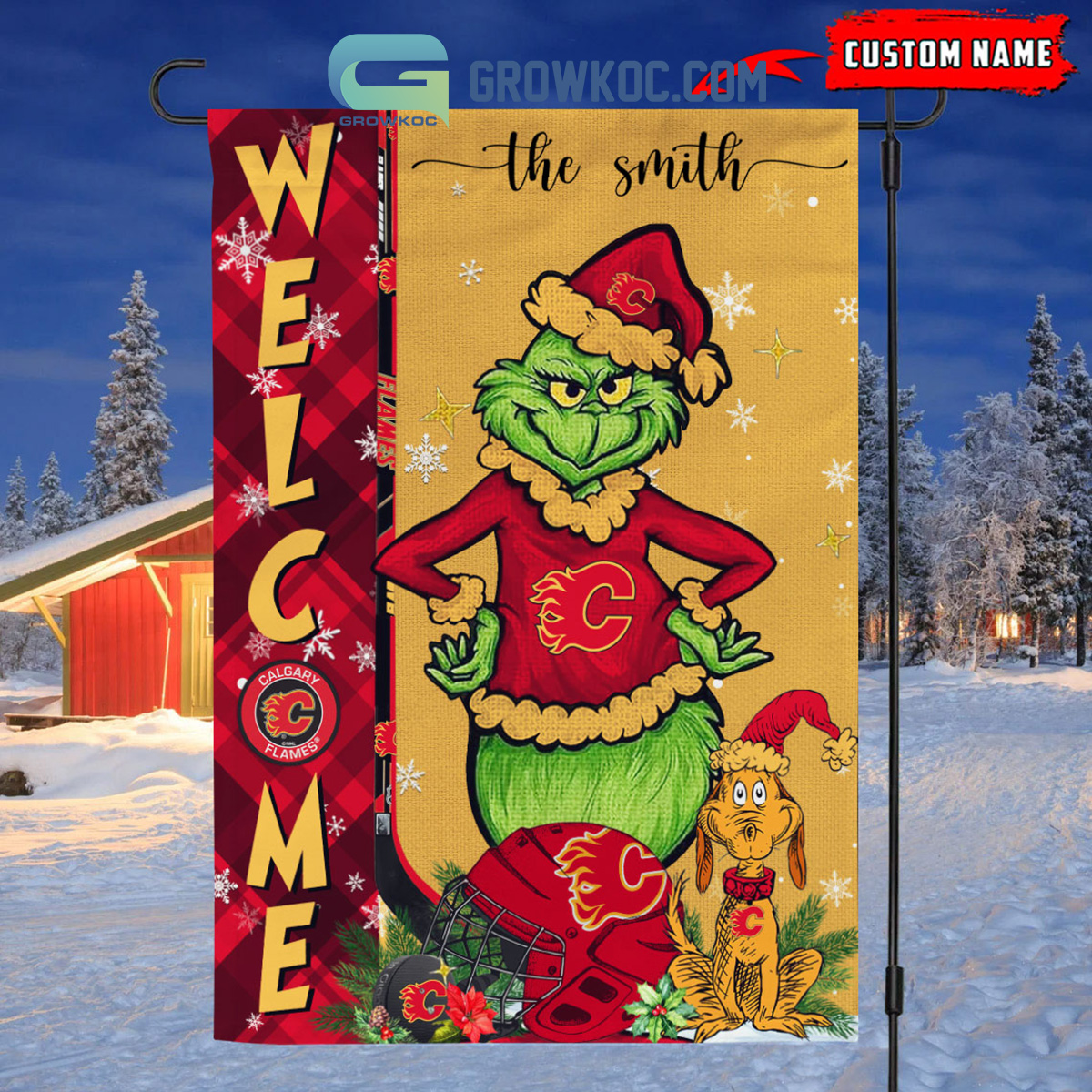 Calgary Flames Grinch Christmas Personalized House Garden Flag Canvas2B1 ybI0J