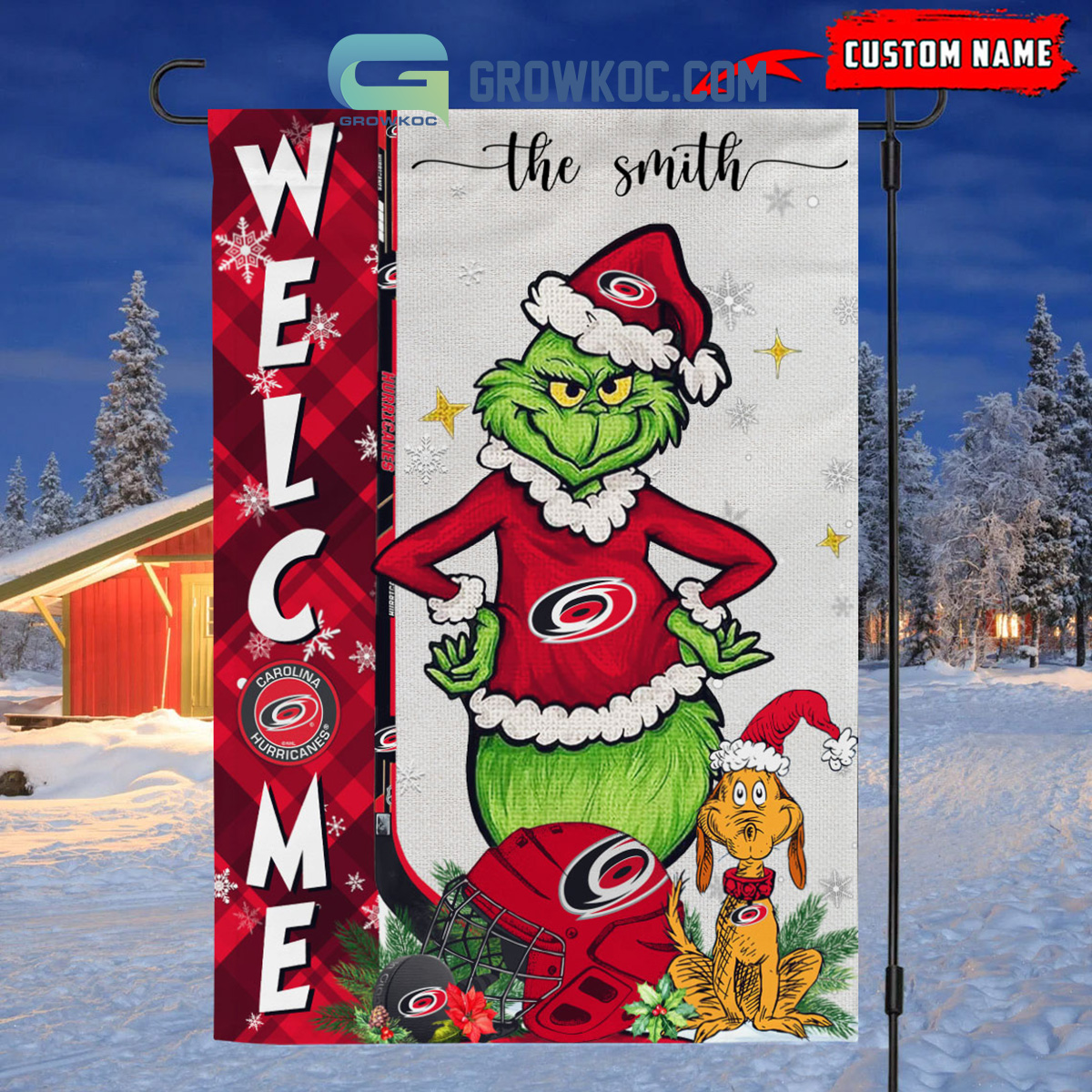 Carolina Hurricanes Grinch Christmas Personalized House Garden Flag Canvas2B1 3gKU5