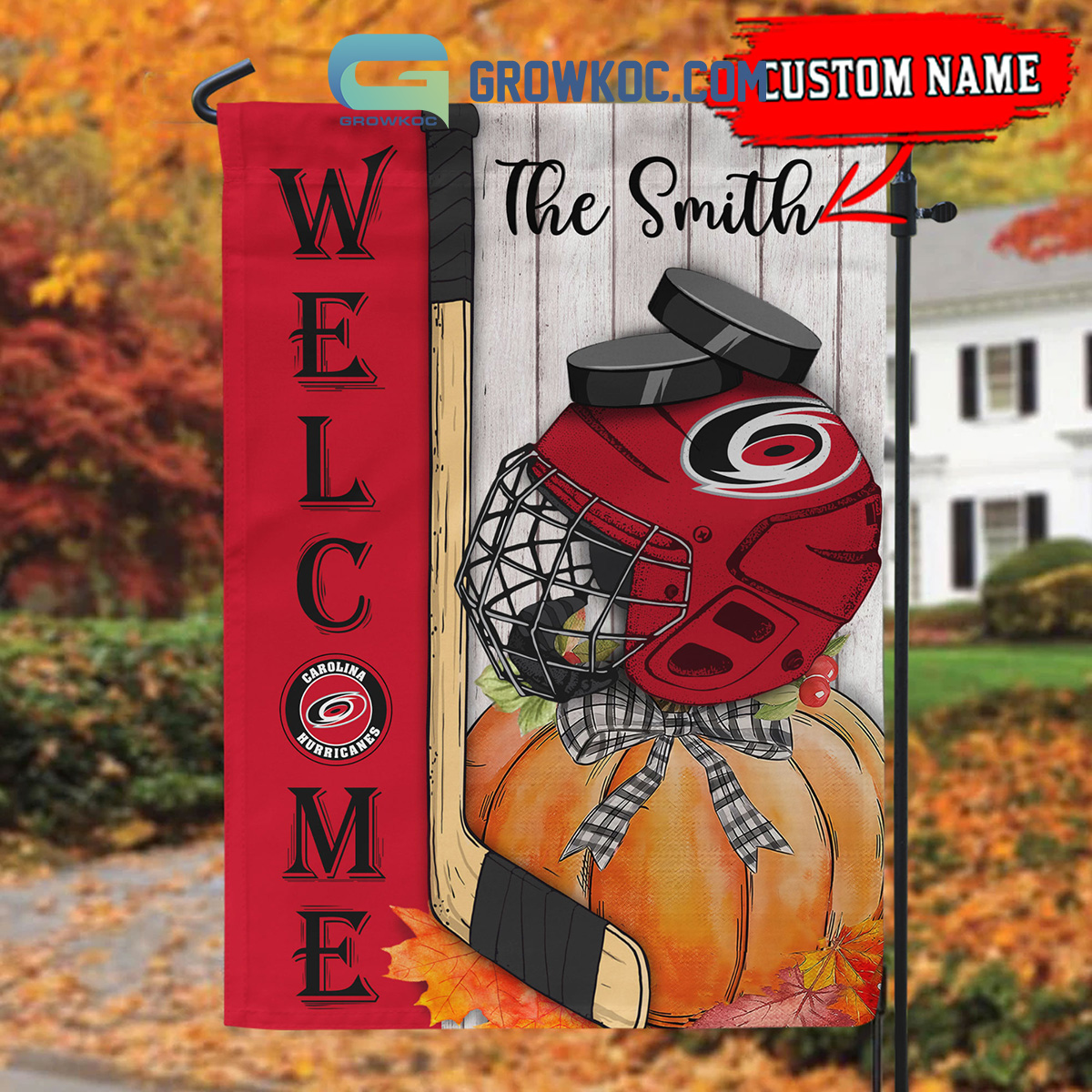 Carolina Hurricanes NHL Welcome Fall Pumpkin Personalized House Garden Flag2B1 ICpNe