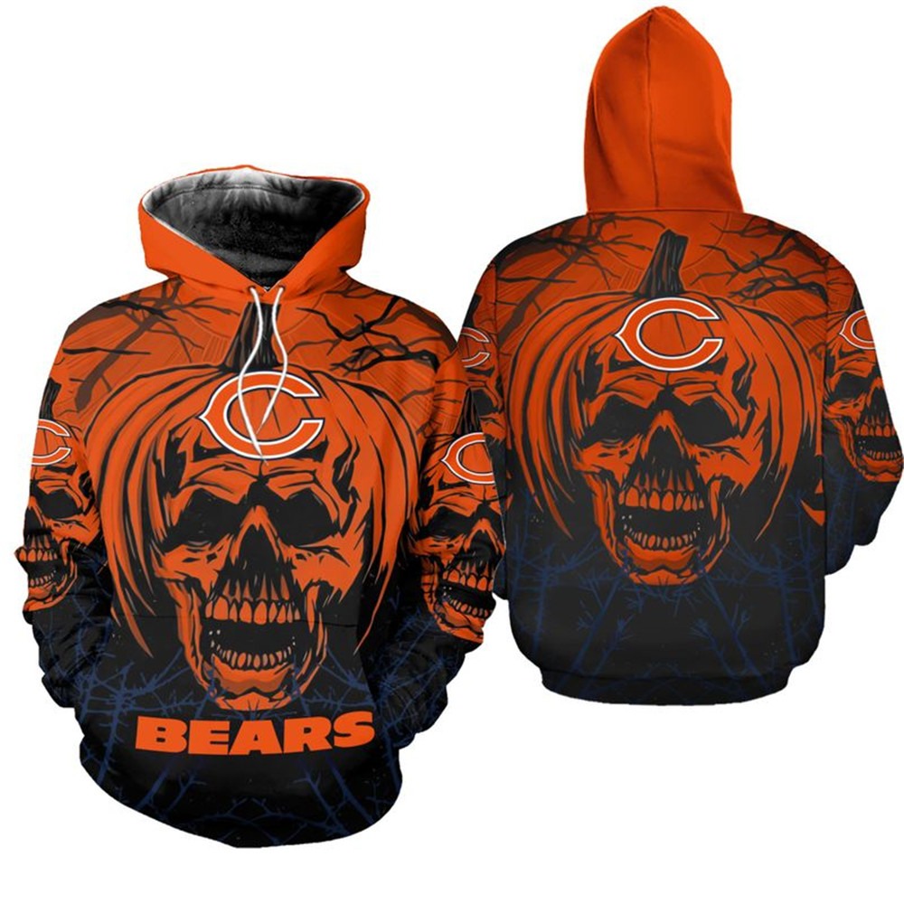 Celebrate Halloween With This Chicago Bears Hoodie Pumpkin Skull Print Zip Hoodie 0