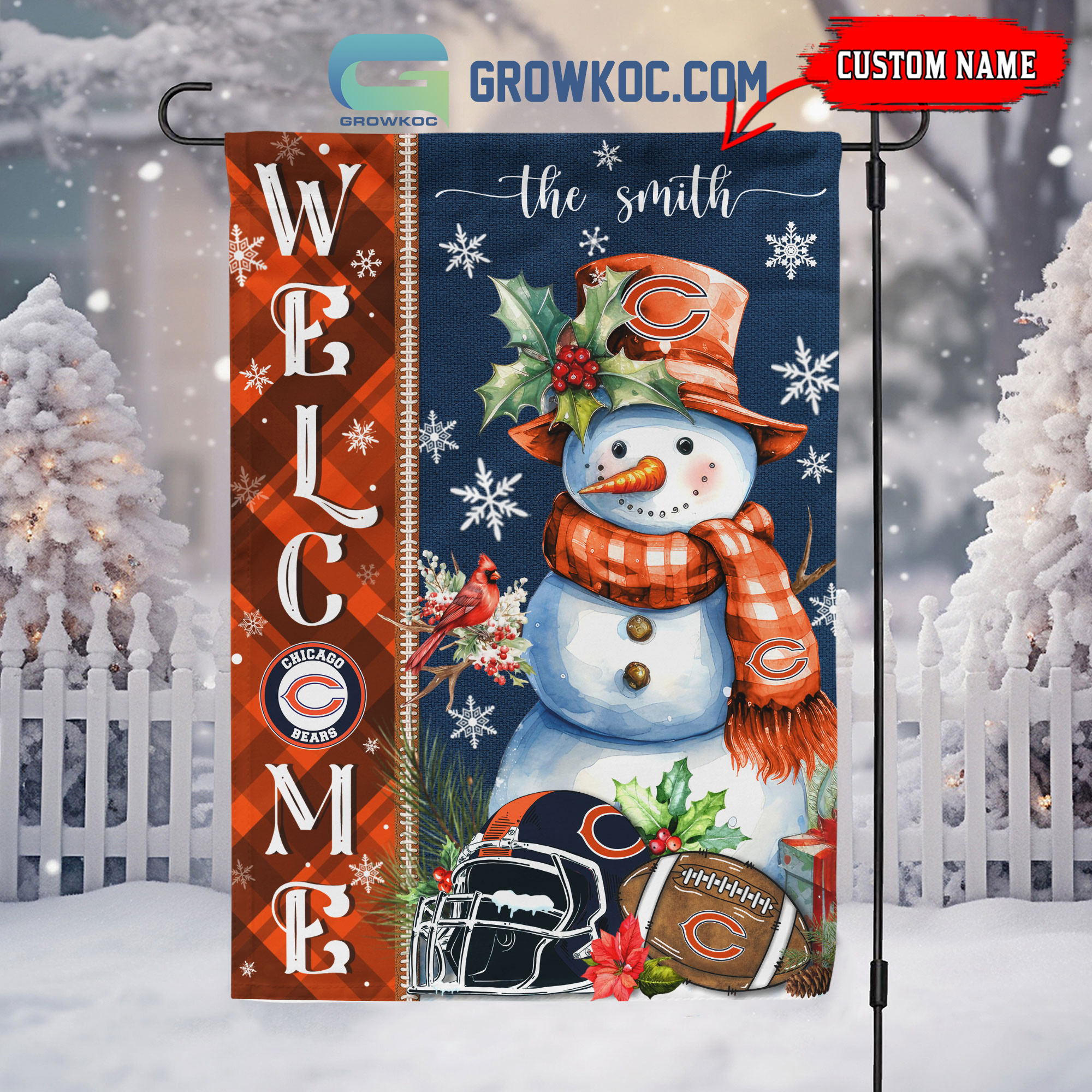 Chicago Bears Football Snowman Welcome Christmas Personalized House Gargen Flag2B1 Q6Nz7