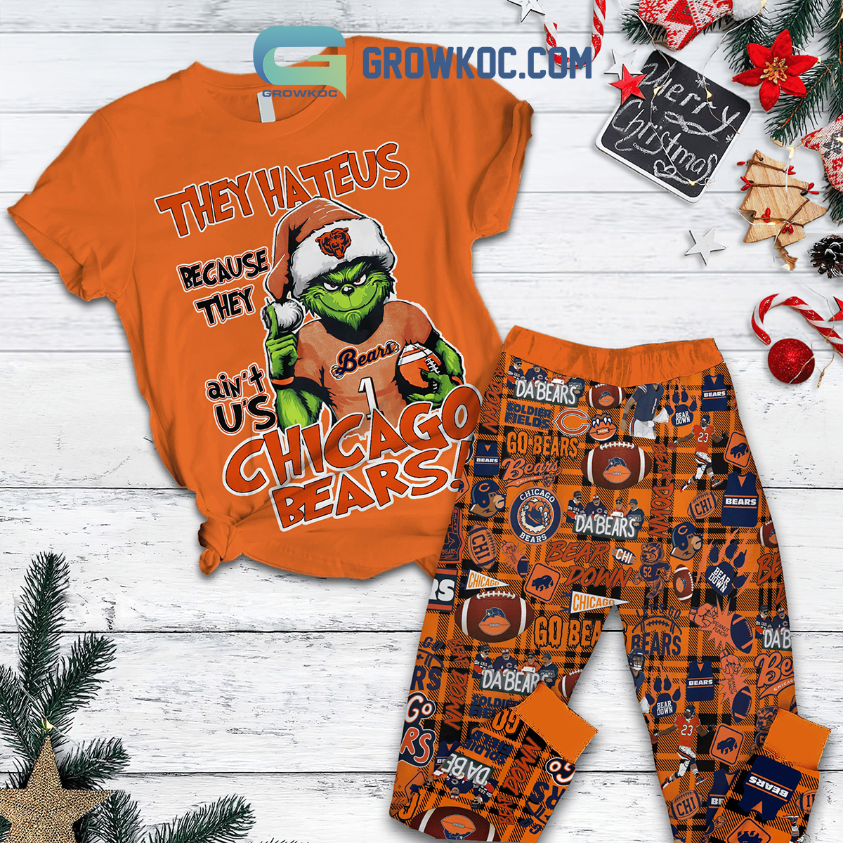 Chicago Bears Grinch They Hate Us Christmas Fleece Pajamas Set2B1 LRs9R