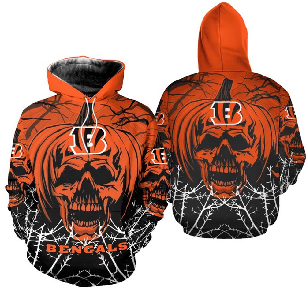 Cincinnati Bengals Halloween Pumpkin Skull Print All Over Print Zip Hoodie 0