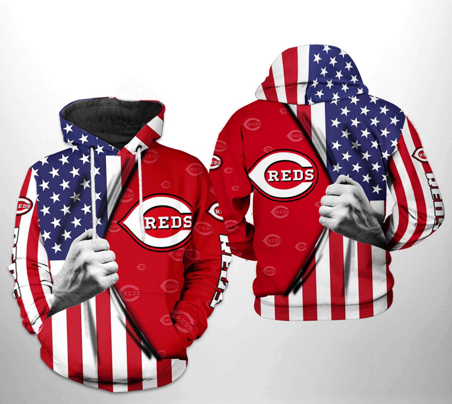 Cincinnati Reds Baseball Mlb Usa Flag Zip Hoodie For Fans 0