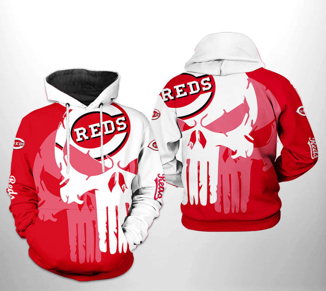 Cincinnati Reds Skull Punisher Design Zip Hoodie For Fans 0