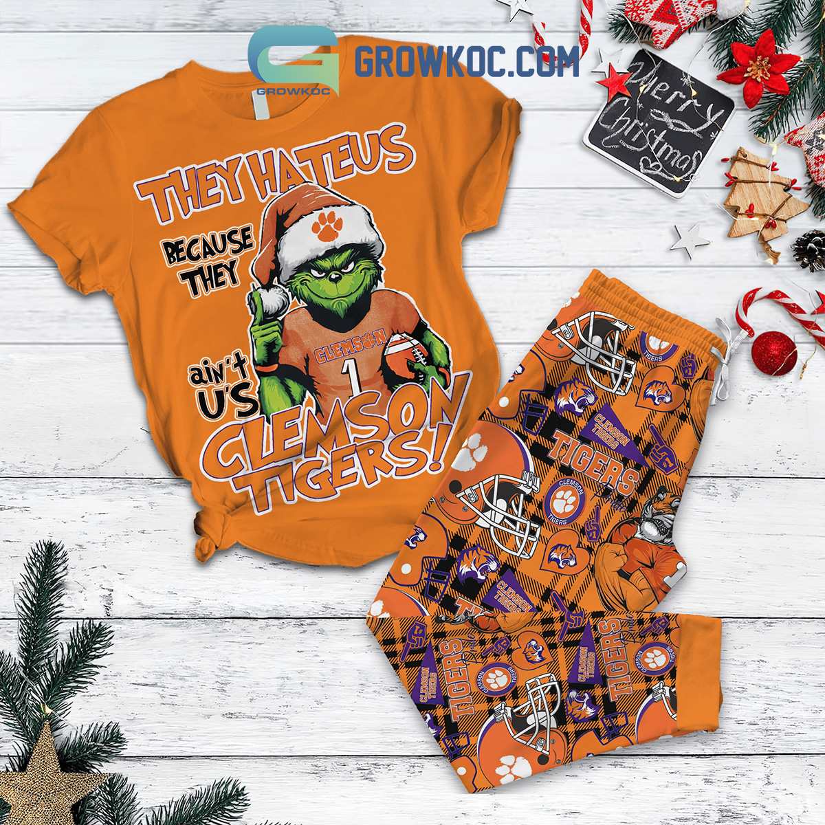 Clemson Tigers Grinch Hate Us Christmas Fleece Pajamas Set2B1 gNmy6