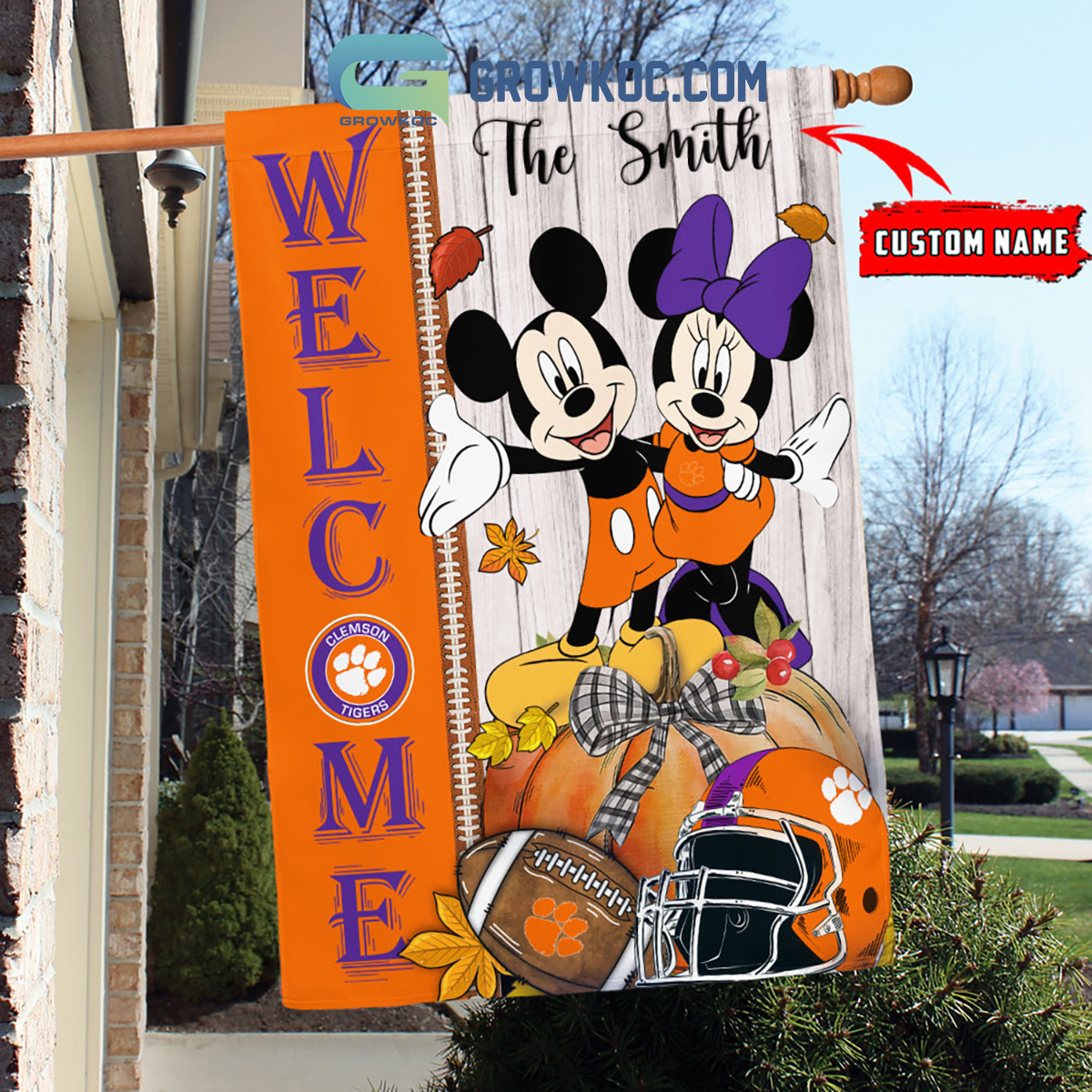 Clemson Tigers NCAA Disney Mickey Minnie Welcome Fall Pumpkin Personalized House Garden Flag2B1 q7Aa7