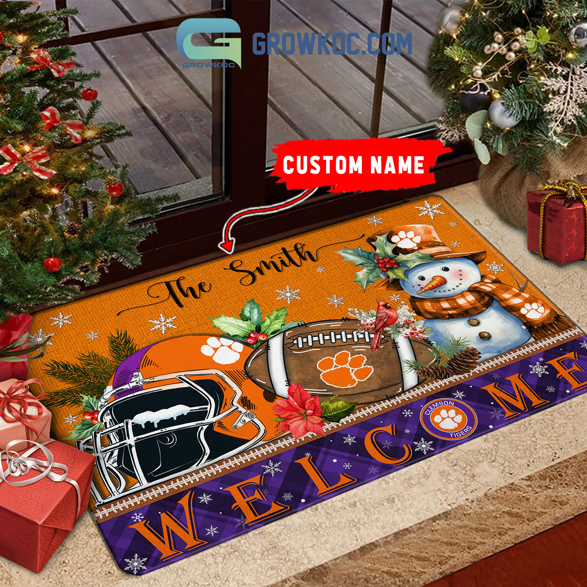 Clemson Tigers Snowman Welcome Christmas Football Personalized Doormat2B1 POeam