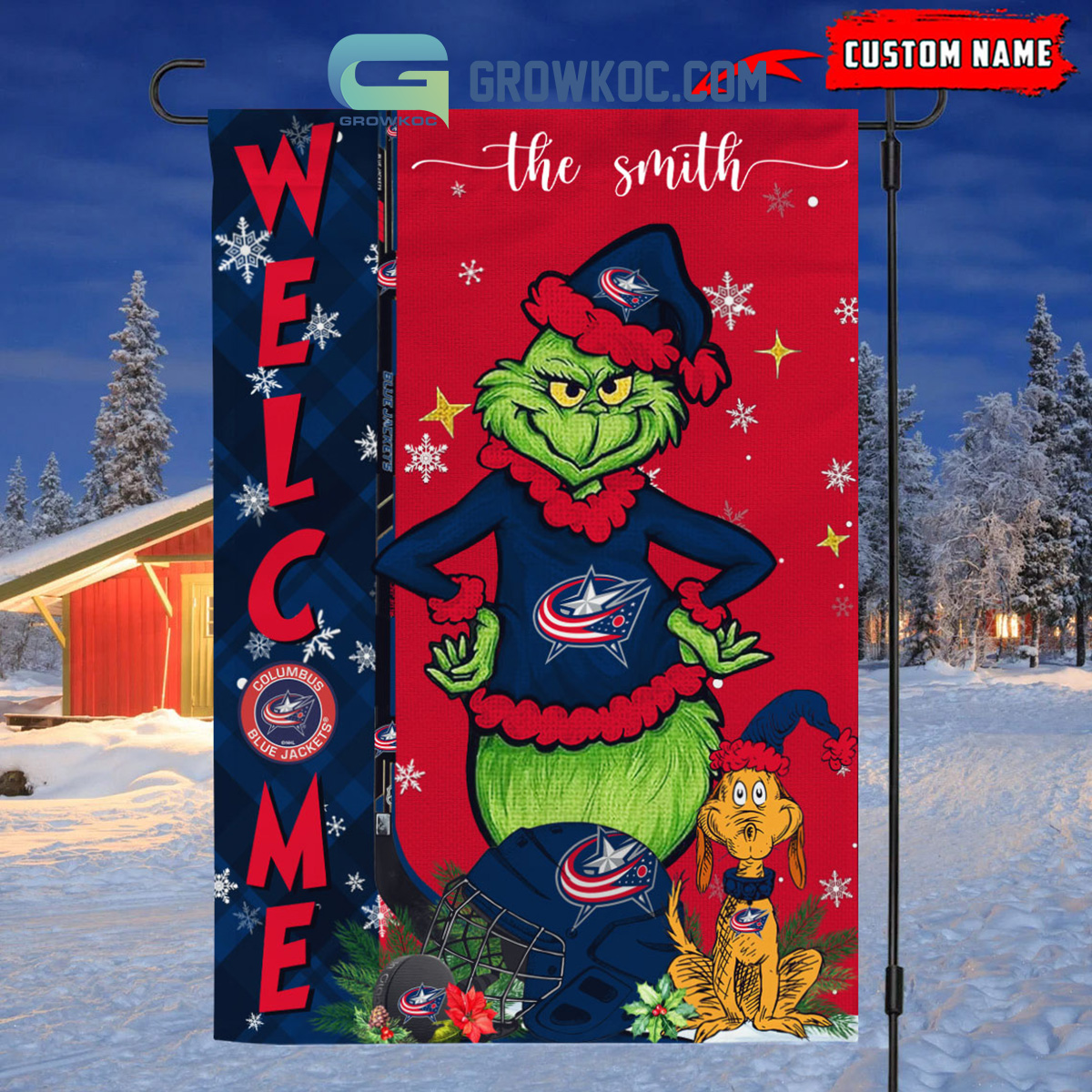 Columbus Blue Jackets Grinch Christmas Personalized House Garden Flag Canvas2B1 Fsxb7