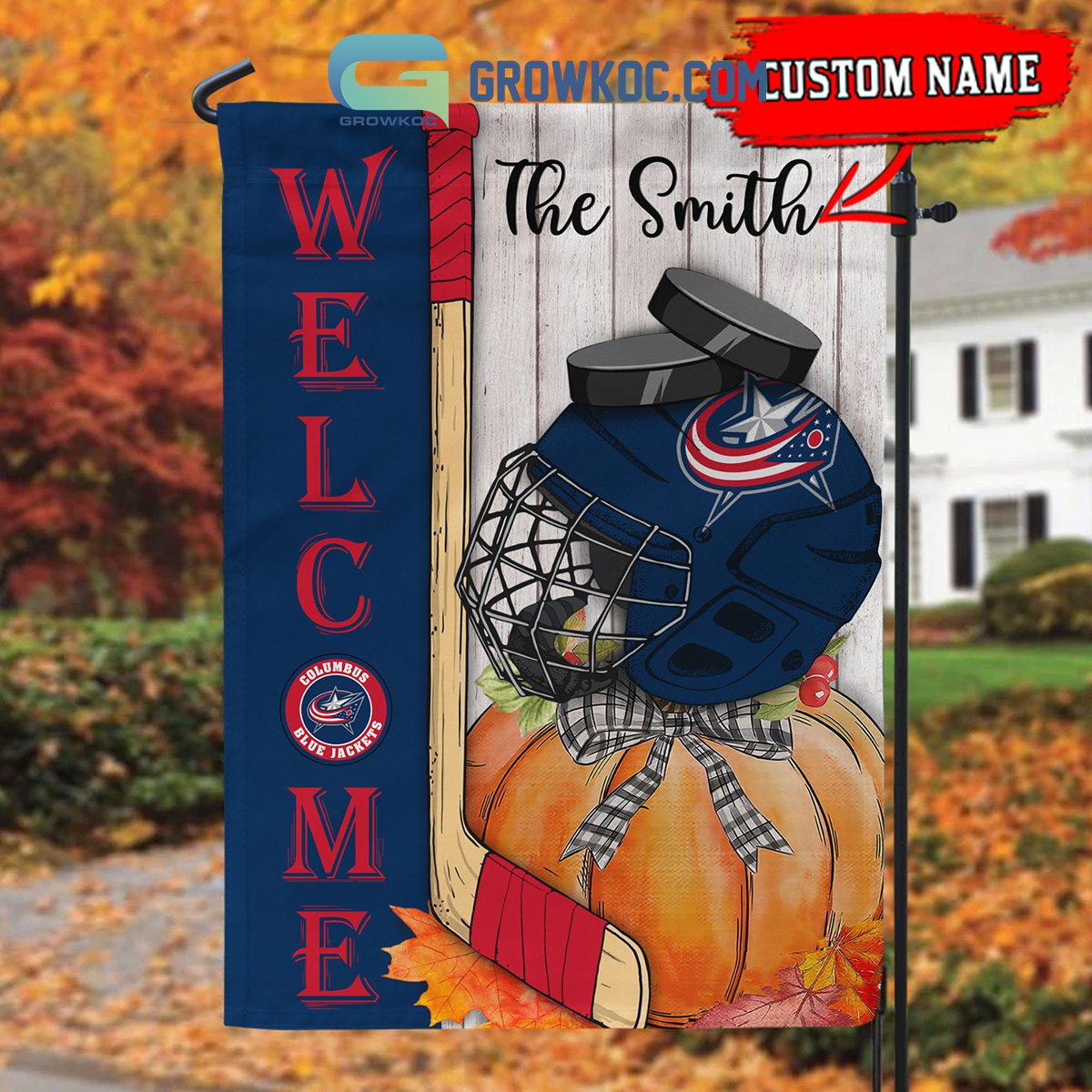 Columbus Blue NHL Welcome Fall Pumpkin Personalized House Garden Flag2B1 gaIzD