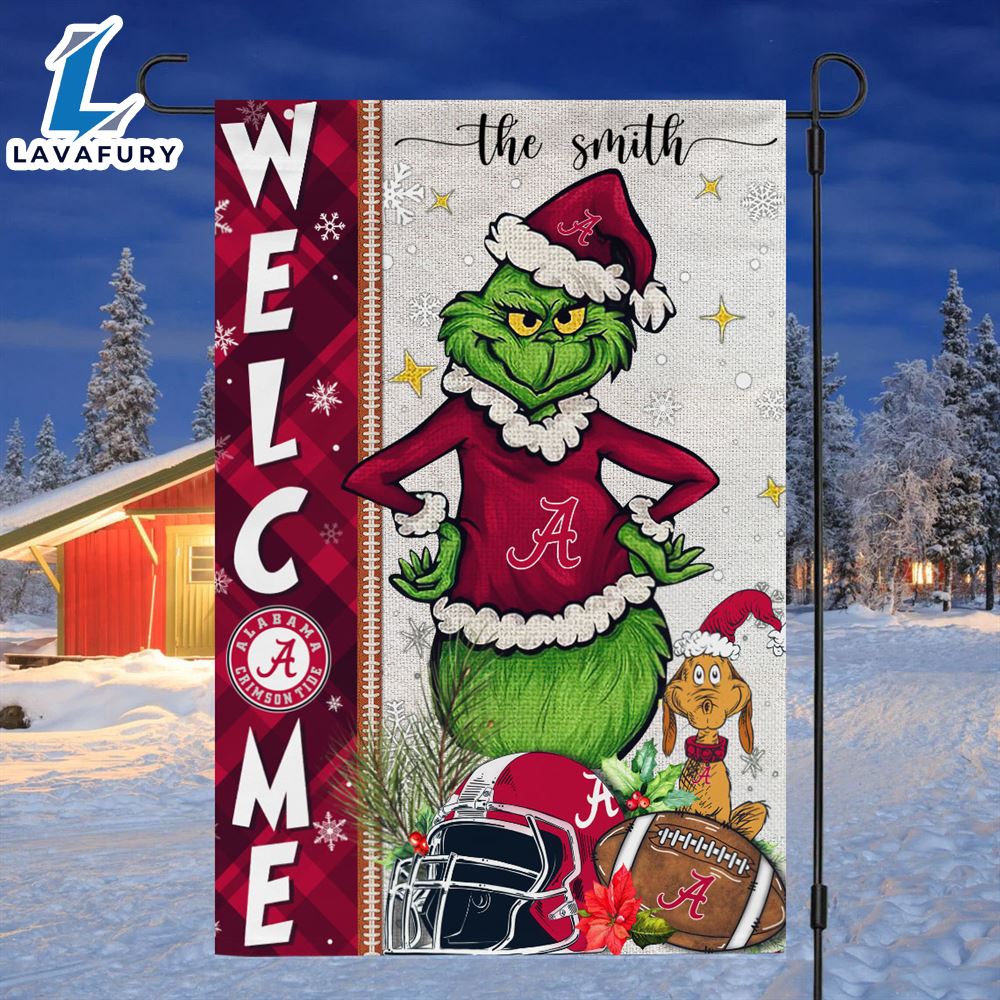 Custom Name NCAA Alabama Crimson Tide Grinch Football Christmas Welcome Garden Flag